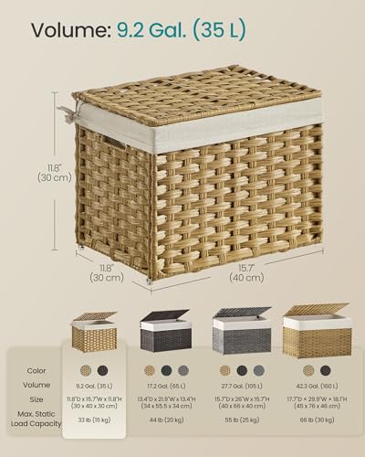 SONGMICS Storage Basket with Lid, Woven Blanket Storage Bin with Handles, Foldable, Removable Liner, Metal Frame, for Bedroom, Laundry Room, 9.2 Gallons (35 L), Natural URST040YE01 - color: Natural, size: 35 L