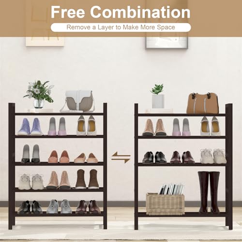 Haddockway Bamboo Shoe Rack for Closet, Free Standing Shoe Organizer with Smooth Round Rods & Convenient Handles, Stackable Shoe Storage Shelf for Entryway, Hallway(Brown, 5-Tier(Small)) - color: Brown, size: Small