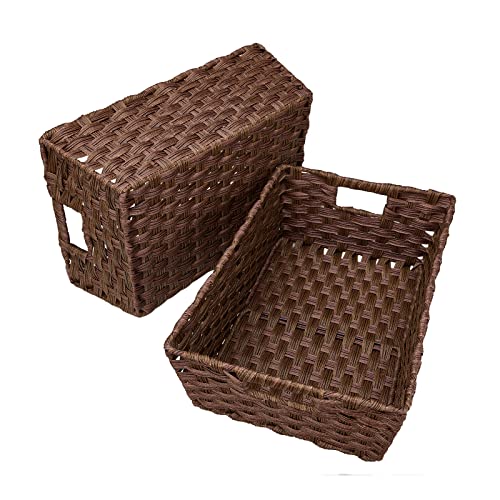 Onlytak Large Wicker Storage Basket, Metal Frame, Set of 2, Washable Waterproof, 15" x 10.3" x 5.2", Brown Color, Woven Basket for Pantry, Toilet, Bathroom, Bedroom, Patio - color: Brown, size: 15" x 10.3" x 5.2"