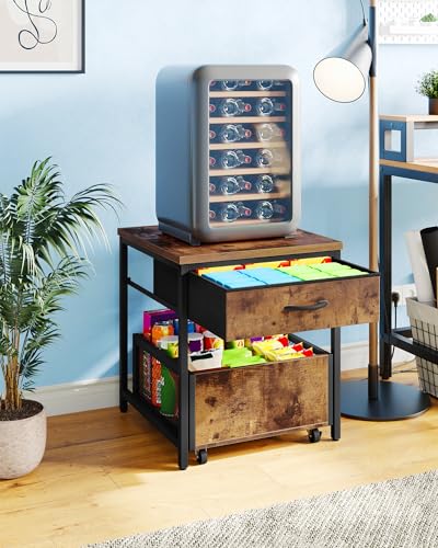 CHOEZON End Table, 19.7 Inch Square Side Table, Mini Fridge Stand with Storage, Nightstand with Mobile Basket Cart, for Living Room, Bedroom, Rustic Brown and Black TBZ55BF - color: Rustic Brown + Black
