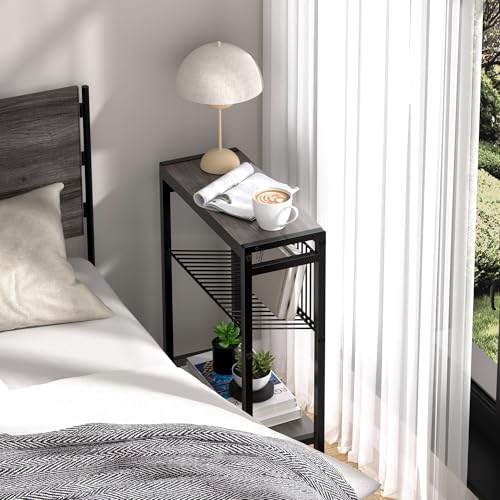 End Table Set of 2 for Small Space, 3-Tier Narrow Side Table with Magazine Holder,Slim Nightstand, Skinny Snack Couch Table in Living Room, Bedroom Study and Balcony (Grey) - color: Grey-2pcs