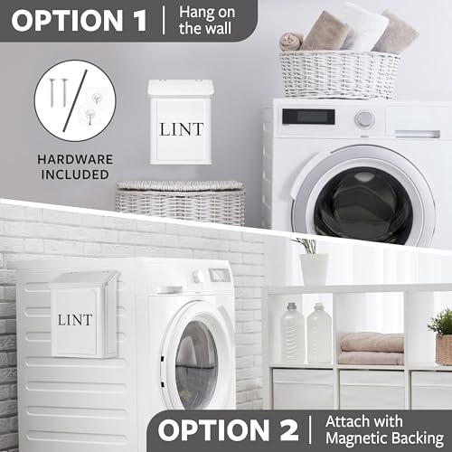 Calindiana Modern Farmhouse Metal Magnetic Lint Bin with Lid and Laundry Room Organization and Storage Wall Mount Space Saving Washer and Dryer Trash Can (White (LINT Brush Set)) - color: WHITE (LINT BRUSH SET)