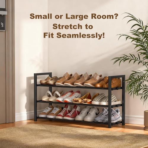 Roylvan 3-Tire Expandable Shoe Rack for Closet, 17"-31" Adjustable Free Standing Shoe Shelf Storage Fits 6-12 Pairs Shoes, Heavy Duty Reinforced Metal Shoes Organizer for Entryway Doorway Dorm