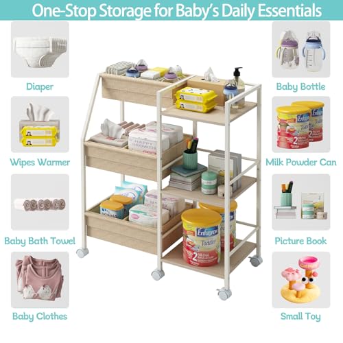 Baby Diaper Caddy Organizer Cart, 3-Tier Rolling Wheels Cart with Dividers and Shelves, Bedside Utility Cart for Nursery Essentials, Large Capacity Mobile Storage Cart for Crib, Bedroom - color: Off White