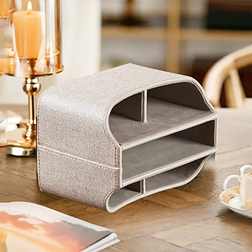 Fanousy 360° Rotating Remote Control Holder, PU Leather TV Remote Caddy Organizer Basket Storage Box with 5 Compartments for Pen, Pencil, Art Supplies, Makeup Brush, Office Desk Table Accessories - color: Beige