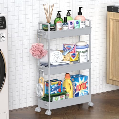 SOLEJAZZ Slim Rolling Storage Cart with Wheels 3 Tier Skinny Bathroom Storage Organizer Thin Laundry Room Utility Cart Space-Saving for Bedside Kitchen Office Small Narrow Places, Gray - color: Grey, size: 3-Tier, 4.76"D