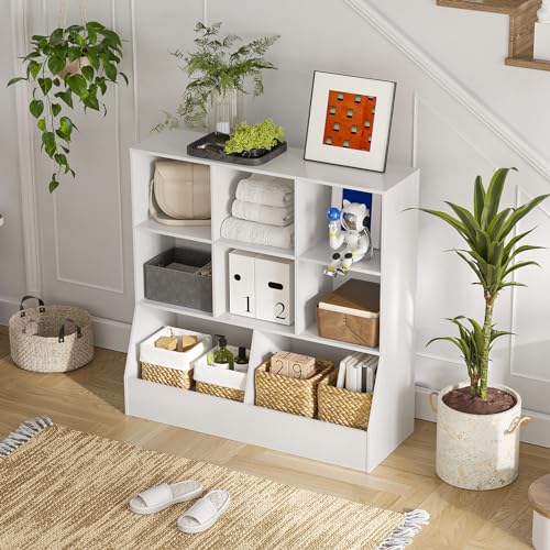 DINZI LVJ Toy Storage Organizer, Kids Bookshelf, Wood Toy Storage Cabinet, 3-Tier 8 Cubby Children Bookcase, 35.4" L Toddler Book Shelf for Playroom, Living Room, Nursery, Hallway, School, White - color: White, size: 3-Tier 35.4"