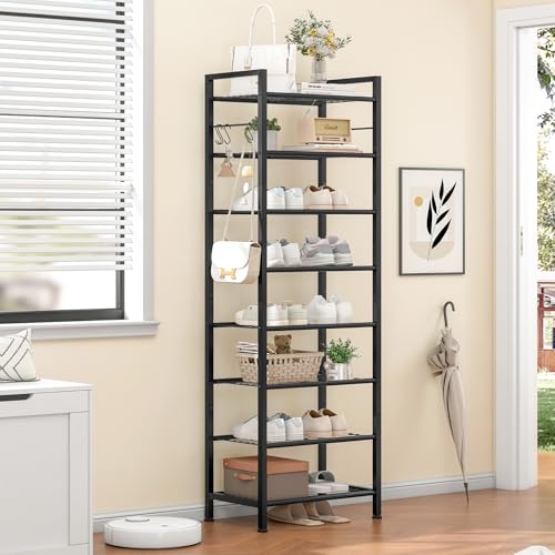 8 Tiers Narrow Shoe Rack 16-24 Pairs, Sturdy Metal Tall Shoe Rack with 4 Hooks, Slim Shoe Storage Organizer with Metal Shelf, Space Saving Vertical Shoe Shelf for Entryway, Closets, Black - color: Black