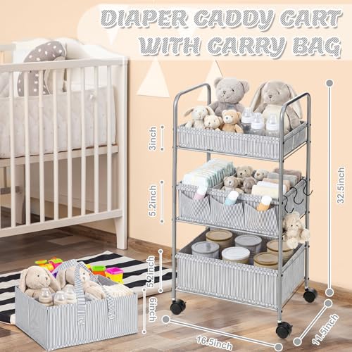 WILLBOND 2 in 1 Baby Diaper Caddy Organizer Cart, 3 Tier Large Stripe Bedside Rolling Cart Metal for Baby Essential with Divider for Newborn Registry Must Have Nursery Bedroom Mother Gift(Gray) - color: Gray