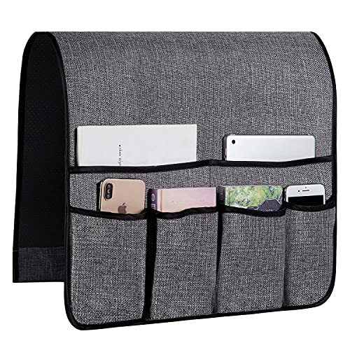 FLYILY Sofa Armrest Organizer Non-Slip Arm Chair Hanging Caddy Remote Control Holder for Magazine,Tablet, Phone, Books, Glasses (B-Grey(19'') - color: Gray, size: 35"x19"