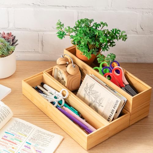 Kigley 8 Pieces Bamboo Drawer Organizer Kitchen Utensils Wooden Utensil Stackable Wooden Storage Box Bamboo Silverware Tray for Drawer(12 x 3 x 2 Inch,Wood) - size: 12 x 3 x 2 Inch