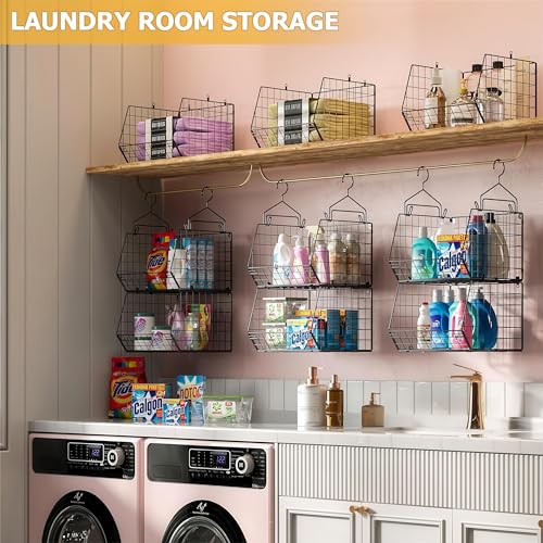 X-cosrack 3-Tier Hanging Storage Organizer for Closet, Laundry & Utility Room | Space Saving Shelves with 1.65" Hook & 5 S-Hooks | Hanging Wire Baskets (12.4" W x 8.8" H x 10.24-11.8" D) - color: Black, size: 3-Tier