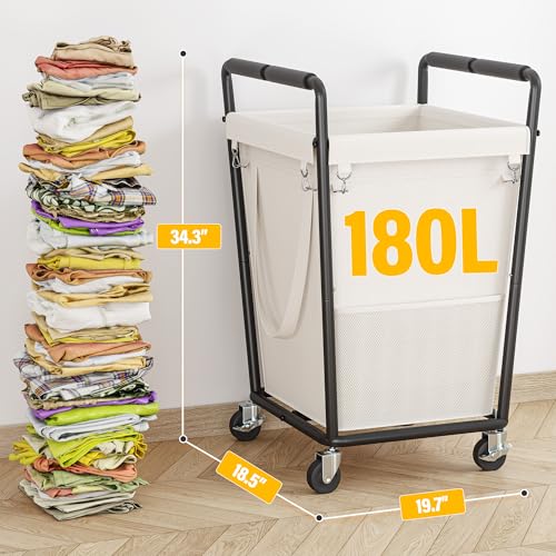 180L Laundry Basket with Wheels & Handles, Laundry Cart with Removable Bag & Metal Frame for Clothes Storage, Hamper with Wheels for Laundry Room, Bathroom, Dorm, Home, Closet (Beige) - color: Beige, size: 180L