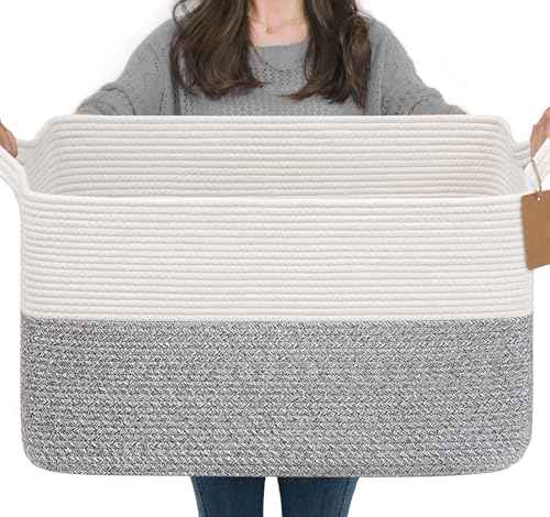 Goodpick Woven Storage Baskets for Organizing 22”x17”x12” Large Blanket Basket for Living Room Home Decor, Rectangle Rope Toy Basket for Kids, Gift Baskets Empty with Handles, Gray - color: Light Grey, size: 22"L x 17"W x 12"H