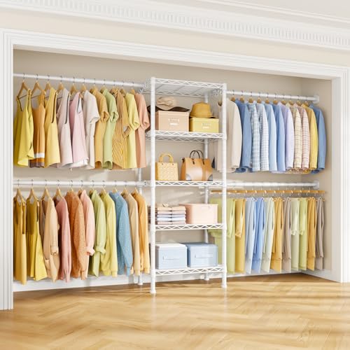 Ulif M2 Wall Mounted Closet System, Clothes Rack Mounted onto the Wall with 4 Expandable Hanger Rods and 5 Metal Shelves, Clothing Organizer Storage in (70.8-102.3)" L x 14.5" D x 71.2" H, White - color: White, size: M2