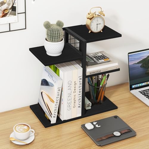 ELITEROO Desktop Bookshelf, 4 Tier Wood Desk Organizer Shelf, Tabletop Storage Shelf Rack for Office Supplies, Desk Decorations for Women Office, Rustic Black - color: Black