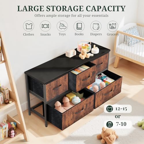 5-Drawer Dresser for Bedroom, Anti-Tip Wide Storage Organizer Fabric Chest of Drawers TV Stand for 45" TV with Wooden Top and Metal Frame for Closet, Living Room, Hallway, Entryway, Brown - color: Brown, size: 11.8"D x 39.4"W x 20.9"H (5 Drawers)