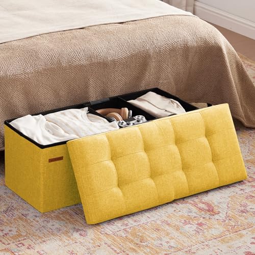 HAUSFRAU 31.5 Inches Ottoman with Storage Bench, Folding Ottoman Bench Small Foot Rest Stool, Bedroom Bench with Flipping Lid, Linen Yellow - color: Yellow, size: 13"D x 31.5"W x 13"H
