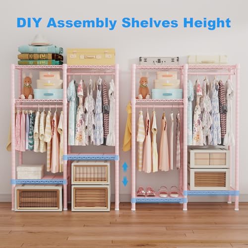 Ulif F1 Clothes Rack for Kids, Baby, Students, and Children's Room, 4 Tiers Portable Metal Closet Clothing Rack, Small Garment Rack with 2 Hanging Rod, 31.2" W x 11.8" D x 48" H, Pink - color: Pink
