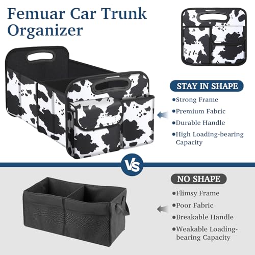 Femuar Car Trunk Organizer, Cow Print, Vintage Style, 52L Capacity, 4 Compartments, Waterproof, Non-Slip, Collapsible, 22.5"D x 18"W x 10.8"H - color: Cow print, size: Standard