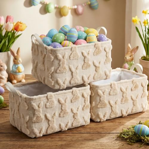 Kathfly Beige Rabbit Storage Baskets Easter Bunny Laundry Basket Plush Faux Fur Jacquard Design with Handles Waterproof Storage Bins Fabric Shelf Baskets for Easter Party Decorations - style: Beige Rabbit