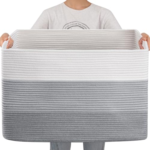 OIAHOMY 108L Super Large Blanket Basket, 25”x16”x16”(108L) Rectangle Woven Baskets for Storage, Cotton Rope Basket For Living Room, Toy Storage with Handle - Gradient Grey - color: Gradient Grey