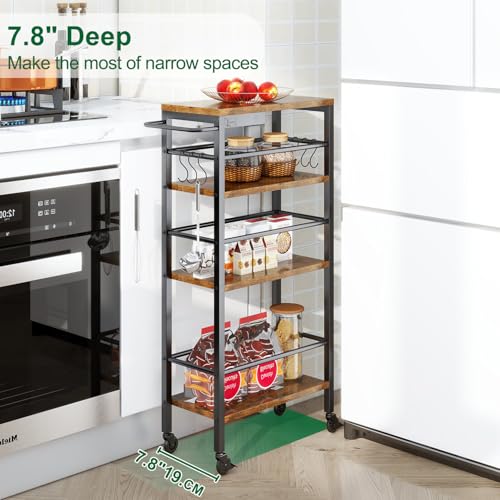 IBUYKE 7.8" Slim Rolling Cart,4-Tier Metal Kitchen Storage Cart,Trolley cart on Wheels for Narrow Space,with Handle and Wooden Tabletop,for Kitchen, Dining Room,Laundry Room,Rustic Brown UTMJ065H - style: Brown