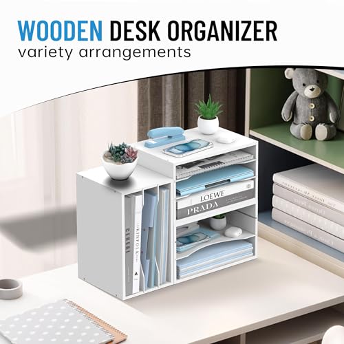 Wood Desk Organizer, 3 Tier Paper Tray Organizer for Desk with Adjustable Storage Shelves, Desktop File Organization Paper Sorter Mail Holder for Office Home Classroom, White - color: White, size: 3 Tier