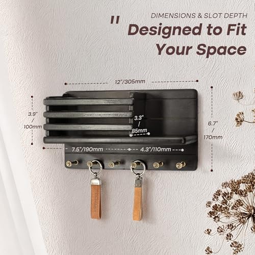 Rebee Vision Pine Wood Key Holder Wall Mount - Farmhouse Key Holder for Wall with Floating Shelf & 6 Hooks - Mail Organizer for Home Improvement, Apartment Essentials (Black) - color: Black