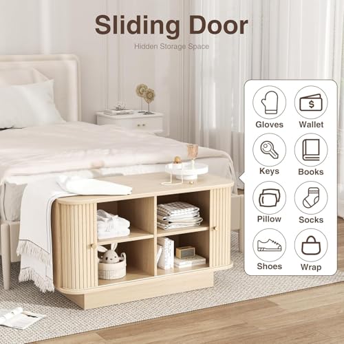 AKMAKM 31" Shoe Storage Bench Dark Oak Entryway Storage Bench with Sliding Doors, Padded Cushion and 5 Metal Wall Hooks for Hallway, Living Room - color: Oak, size: 31 W