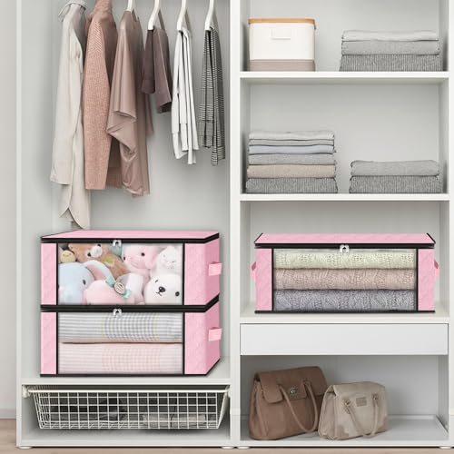 HomeHacks Storage 3-Pack Clothes Organizer Storage Bags Foldable Storage Box with Large Clear Window Sturdy Handles for Closet, Dorm, Pillows, Bedding, Clothes, Blankets, 35L, Pink - color: Pink