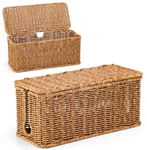 Handmade Cable Management Box, Imitation Rattan Cord Organizer Cord Hider Box, Desk Cord Management Box to Hide Cords and Power Strip L12.5 W5 H5.2 CB2412 Deep Speckled Brown - color: Speckled Brown, size: 1 Pack (M)