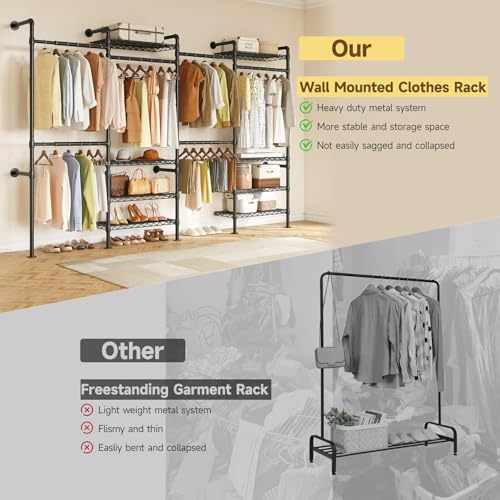 ONBRILL H4 Wall Mounted Closet System, Expandable Industrial Pipe Clothes Rack Clothing Rack for Hanging Clothes, Heavy Duty Closet Organizers and Storage in Wardrobe Closet - color: Black