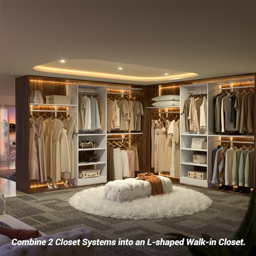 iSunirm 8FT Closet System with Shelves, 96'' Closet Organizer System with 3 Hanging Rods, Wall Mount Bedroom Wardrobe Walk-in Closet, Adjustable Cloth Garment Rack from 5 to 8FT (Cut to Fit), White - color: White