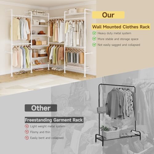 ONBRILL L4 Wall Mounted Industrial Pipe Clothing Rack, Closet Organizer System with 6 Hanging Clothes Rods ( 4 Expandable Rods) & 8 Shelves, Heavy Duty Corner Garment Rack, Large Wardrobe - White - color: White