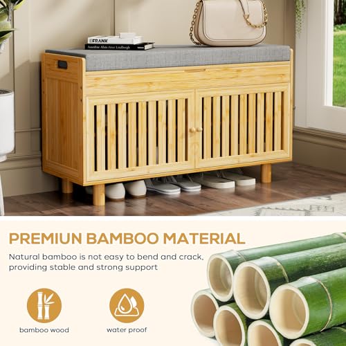oakvivo Bamboo 35.4in Shoe Storage Bench with Lift Top Storage & Padded Seat Cushion, 2-Tier Shoe Rack Cabinet with 2 Doors for Entryway, Living Room, Bedroom, Mudroom, Natural - color: Natural