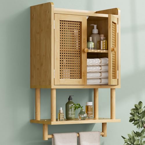 AmazerBath Bathroom Wall Cabinets, Bamboo Medicine Cabinet with Rattan Door, Over The Toilet Storage Cabinet with Towel Bar, Wall Mounted Cabinet with Adjustable Shelves for Small Spaces - color: Natural With Rattan Weaving Door, size: 16.5" W x 26.6" H