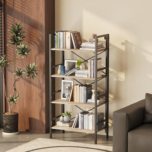 Homeiju Folding Bookshelf,4 Tier Bookcase Foldable Shelf with X-Bracket Design, Adjustable Feet, Space Saving Storage for Living Room, Office, Brownish - color: Brownish, size: 4 Tier