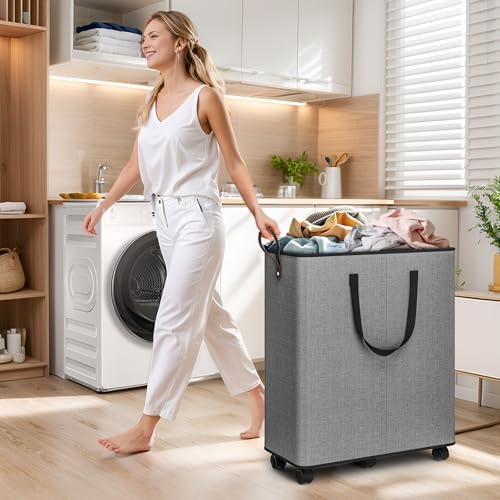 SpaceTrove Laundry Basket with Wheels, Collapsible Laundry Baskets, Laundry Hamper with Handles Detachable Wheels, Rolling Laundry Basket, Dirty Clothes Hamper for Bathroom, Dorm, Bedroom, Grey, 155L - color: Grey, size: 155L