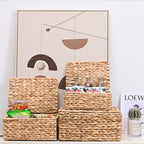 Wicker Storage Baskets, Hand-Woven Rectangular Wicker Basket with Lid for Bedroom & Living Room, Nesting Rattan Basket for Shelves (Water Hyacinth, 3-Pack)