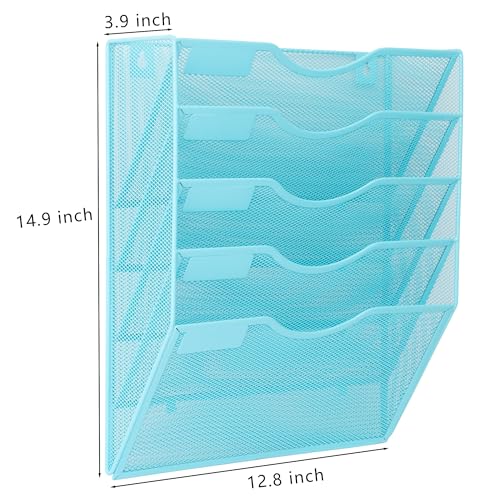 EASEPRES 5 Pocket Mesh Hanging Wall File Organizer, Wall Mounted Mail Paper Document Folder Holder, Clipboard Storage Organization Magazine Rack with Nametag Label for Office Home School, Blue - color: Blue, size: 5 Tier