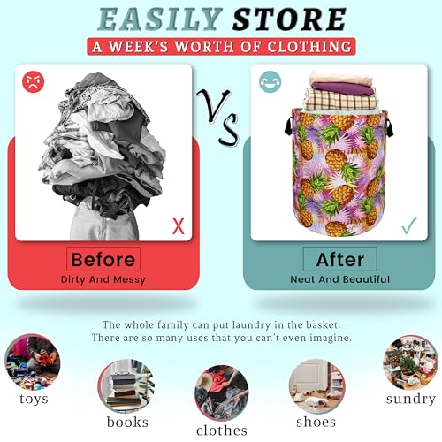 Tropical Pineapples Laundry Basket Foldable With Handles Palm Leaves Tote Bag Oxford Cloth Colorful Laundry Hamper Clothes Toy Storage Bucket For Bathroom/Laundry/Bedroom 18.9" x 16.5 " - color: Tropical Pineapples With Palm Leaves