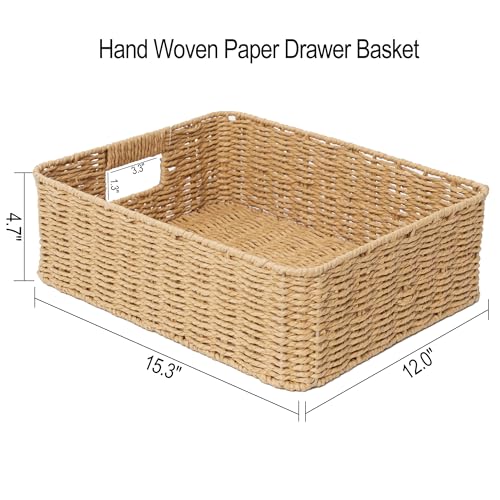 Drawer basket Handwoven Paper Rope Rectangular Shallow Basket Storage-15.35X12.01X4.72 Inches (Light brown) - color: Light brown