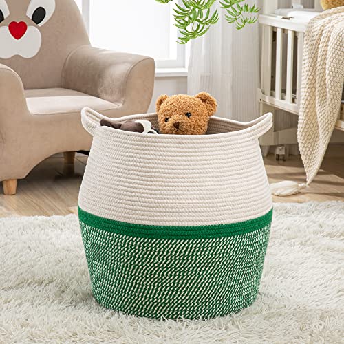 KAKAMAY Woven Baskets for Storage(17"x17"),Large Cotton Rope Woven Baby Laundry Hamper,Collapsible Laundry Basket, Blanket Basket for Organizing Living Room,Nursery,Pillows,Toy Chest(Green) - color: Green