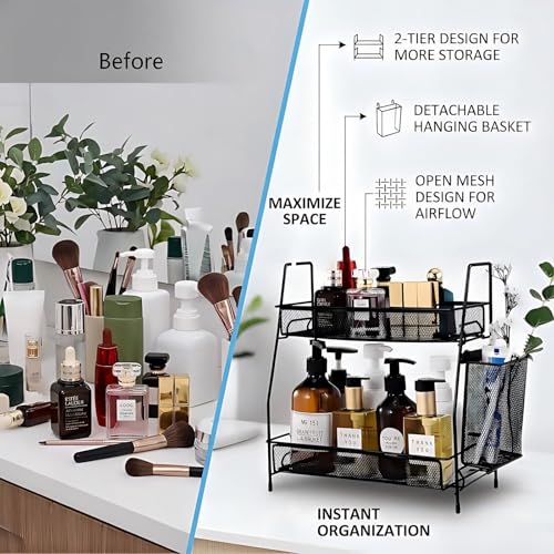 LEMIKKLE 2-Tier Bathroom Countertop Organizer,Skincare, Makeup Countertop Organizers, Kitchen, Bathroom Counter Storage with Small Basket (Black) - color: Black (Size: 7" x 12" x 13")