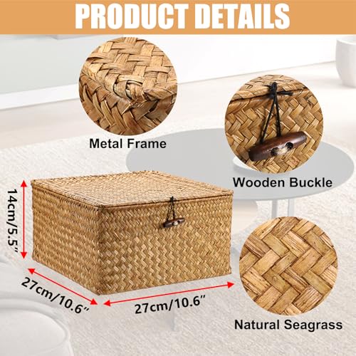 Hipiwe Handwoven Seagrass Basket Bin Square Household Storage Container with Lid Wicker Shelf Basket Bin for Bookshelf Living Room Bath Room, Large Caramel - color: Caramel, size: Large