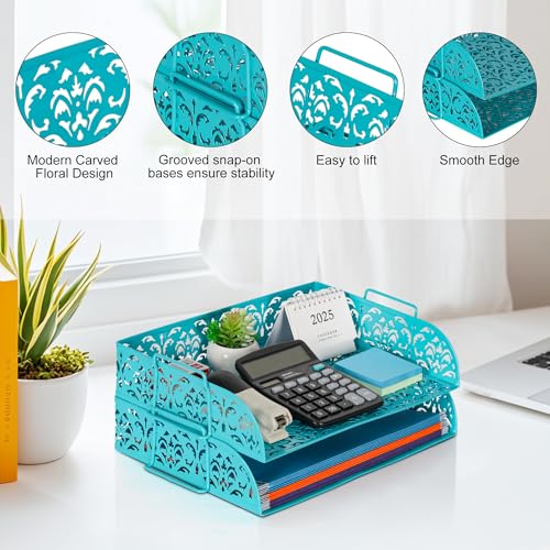EasyPAG Paper Organizer for Desk 2 Tier Stackable Paper Tray for A4 Legal Size Folders Metal File Storage Desktop Organizer for Home Office School Teacher, Dark Teal - color: Dark Teal