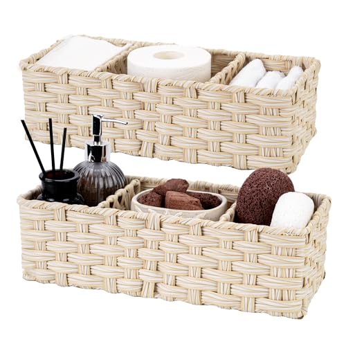 GRANNY SAYS Bathroom Baskets for Organizing, Wicker Basket for Storage, Wicker Baskets for Shelves, Waterproof Back of Toilet Storage Basket, 3 Section Bathroom Organizer Basket, 2-Pack - color: Butter Milk