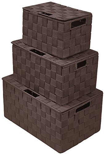Sorbus Set of 3 Hand-Woven Storage Baskets with Lids – Decorative Wicker Organizers for Home, Closet, or Shelves (Choclate) - color: Chocolate