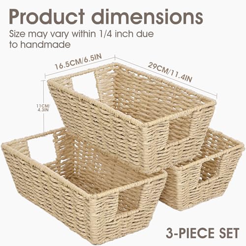 Paper Rope Storage Baskets for Shelves Organizing, Small Hand Woven Wicker Organizer Basket with Handle for Bathroom Toilet Paper Storage, Beige, 3-Pack - color: Paper Rope Beige, size: 3 Pack